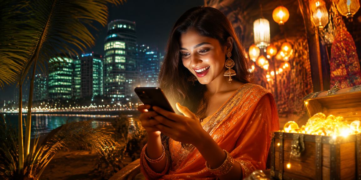 User placing sports bets on mobile device at beach in India